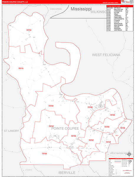 Pointe Coupee Parish (County), LA Zip Code Wall Map